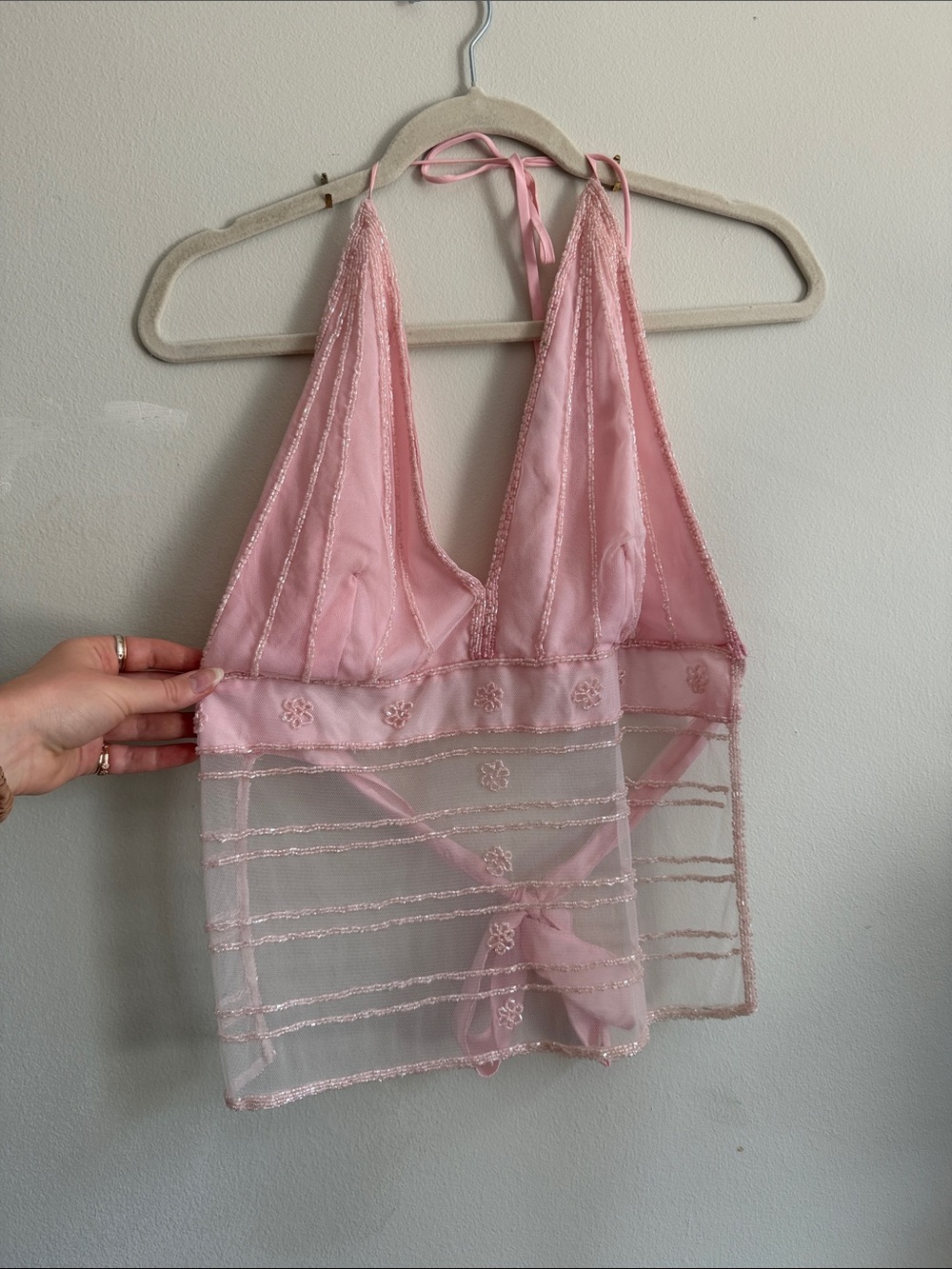 Lipstick Boutique Pink Beaded Sheer Halter Lace-Trim Camisole - Picture 2 of 5